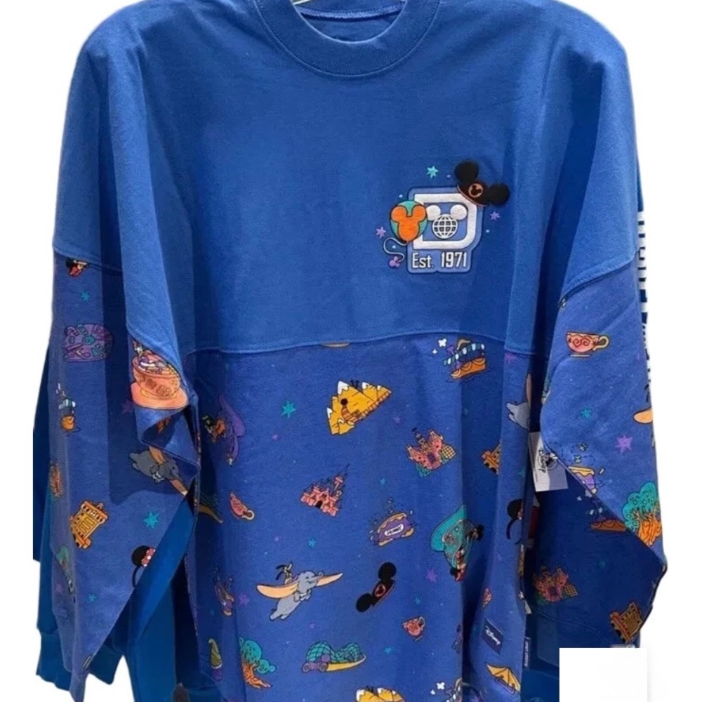 Disney Blue Crewneck with Colorful Park Icons Spirit Jersey- New